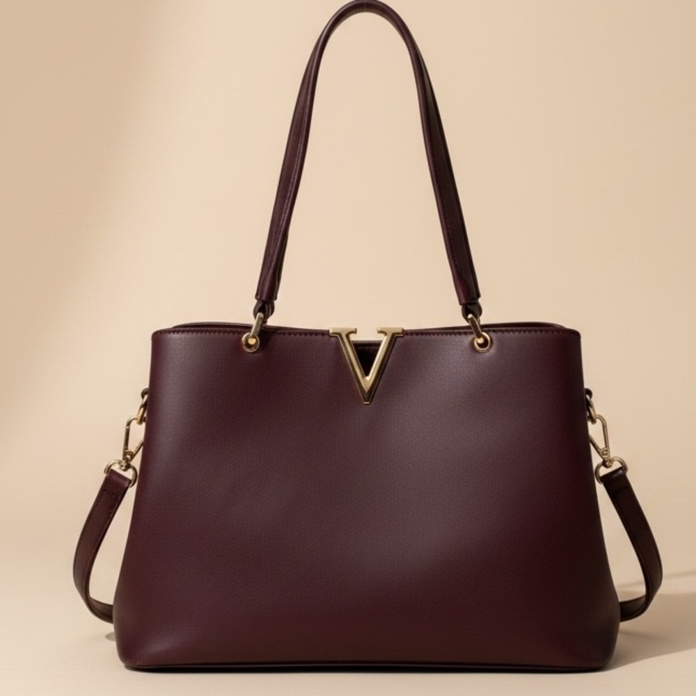 Burgundy Structured Satchel Bag Gold V Top Handle Crossbody Purse